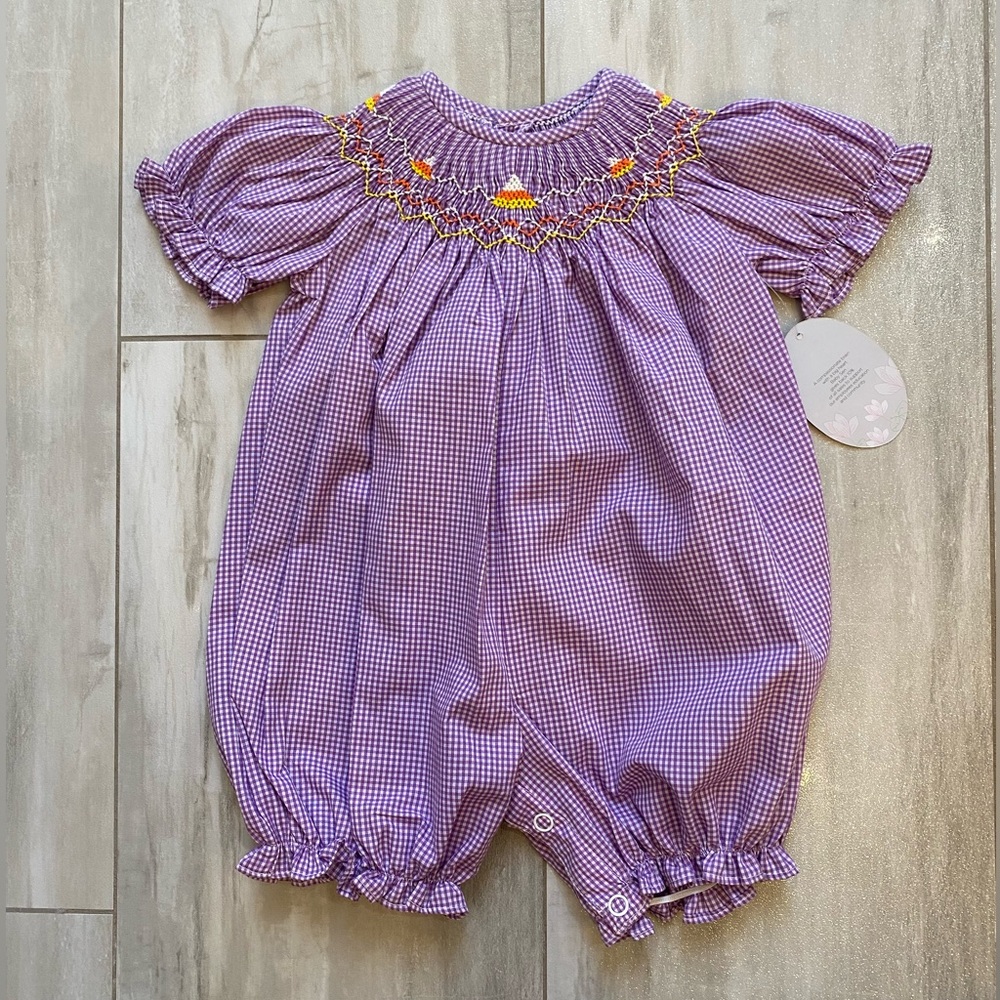 NWT Baby Sen Purple Gingham Smocked Candy Corn Halloween Romper Jumpsuit girl 3M